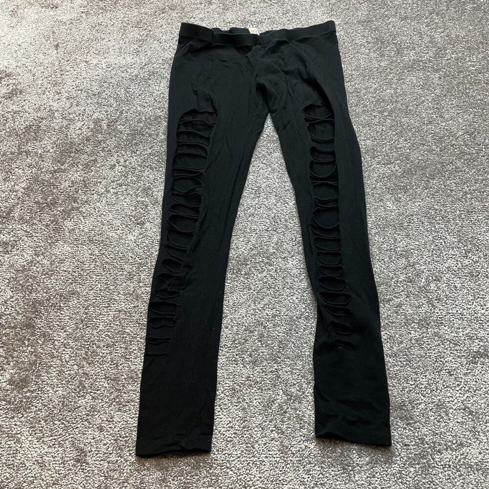 Bozzolo Leggings Womens Medium Black Ladder Holes Distressed Soft Sweat Lounge